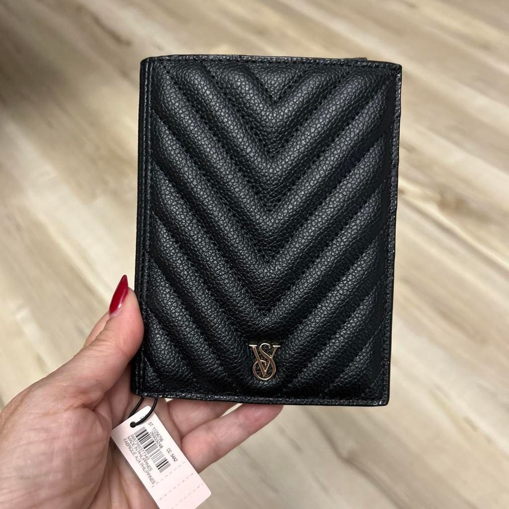 Victoria's Secret black chevron quilted leather passport holder with gold logo